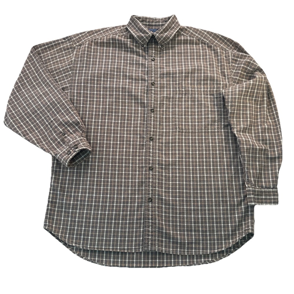 Vintage Structure Men's L Plaid Denim Button Up Shirt Tan Original Outdoor Y2K